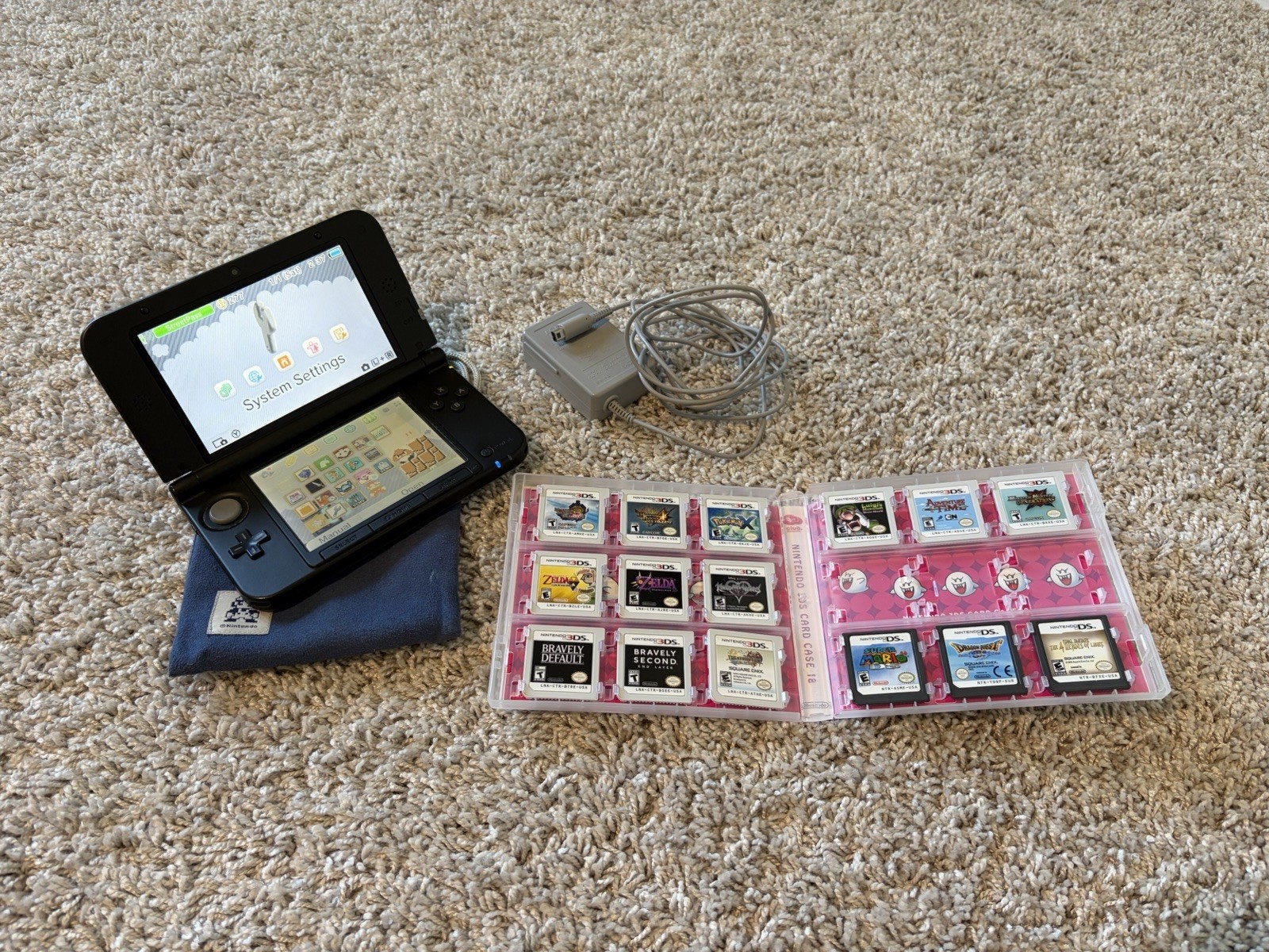 Nintendo 3DS XL Blue/Black Console Bundle + 15 Games & Club Nintendo Accessories