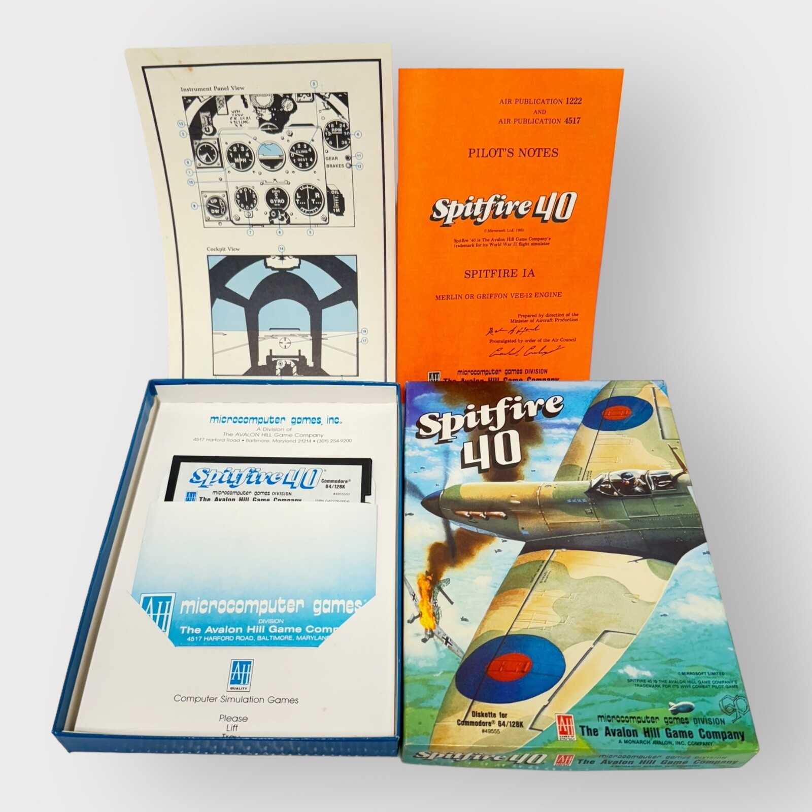 Spitfire 40 by Avalon Hill Commodore 64, 128 C64 C128 5.25″ disk, box and manual