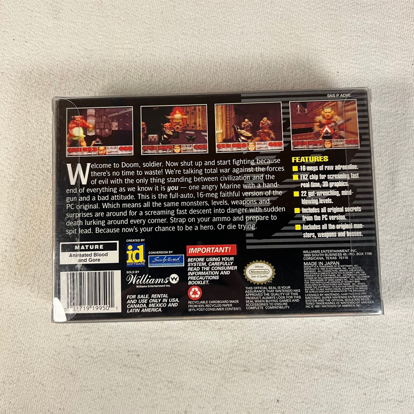 Doom Super Nintendo Entertainment System 1995 Complete CIB Manual Dust Cover