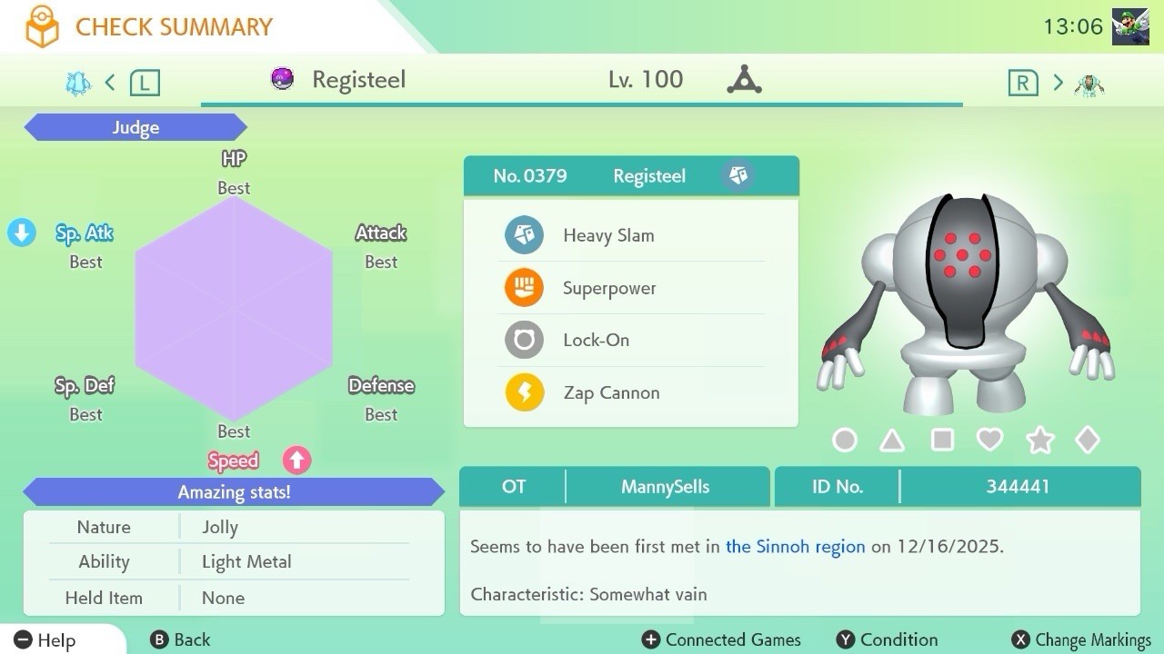 BDSP Caught Legendaries Shiny/Non Shiny, 6IV, Level 100, EVs 6HP 252ATK 252SPE