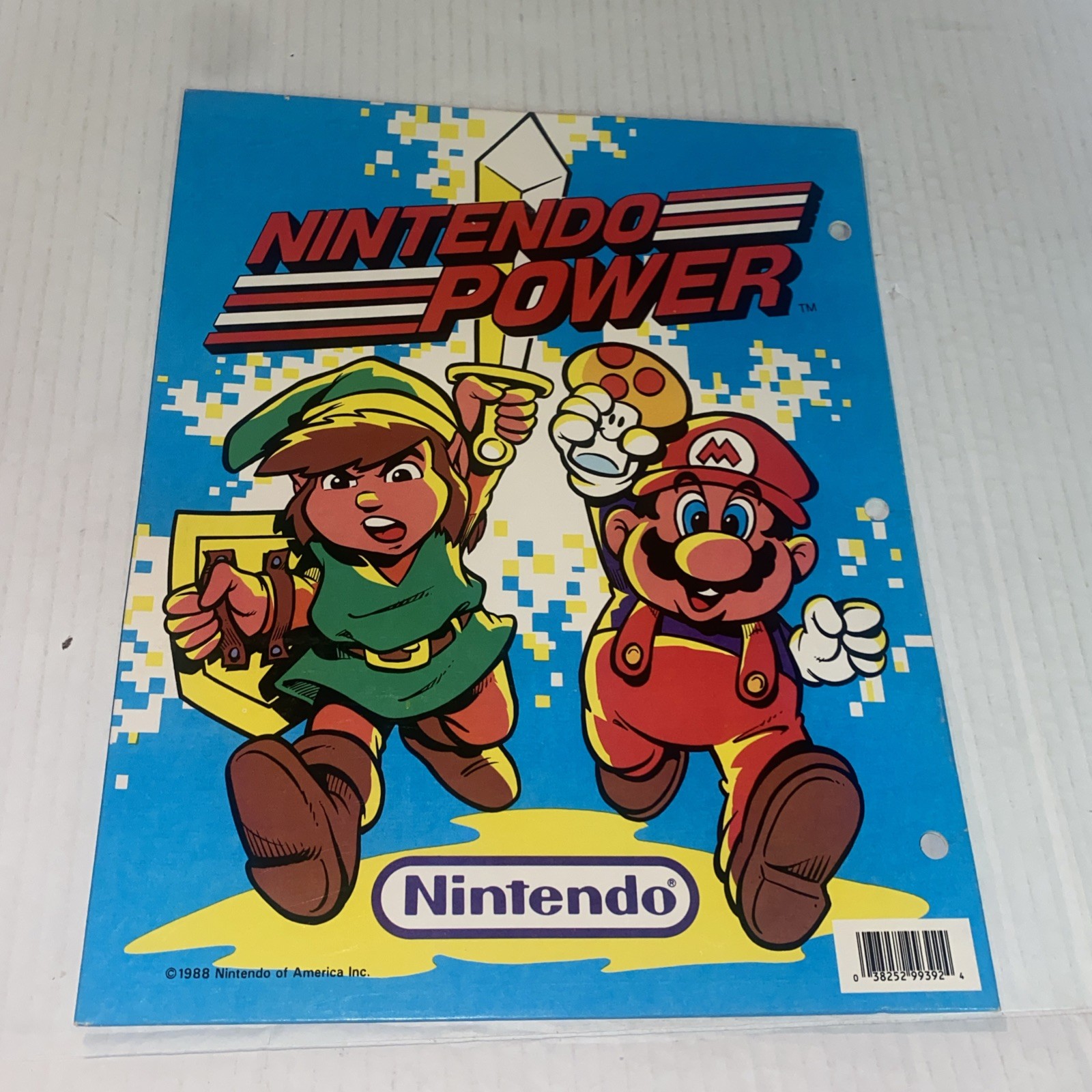 Vintage Nintendo Power 3 Hole School Folder Zelda Link & Super Mario 1988