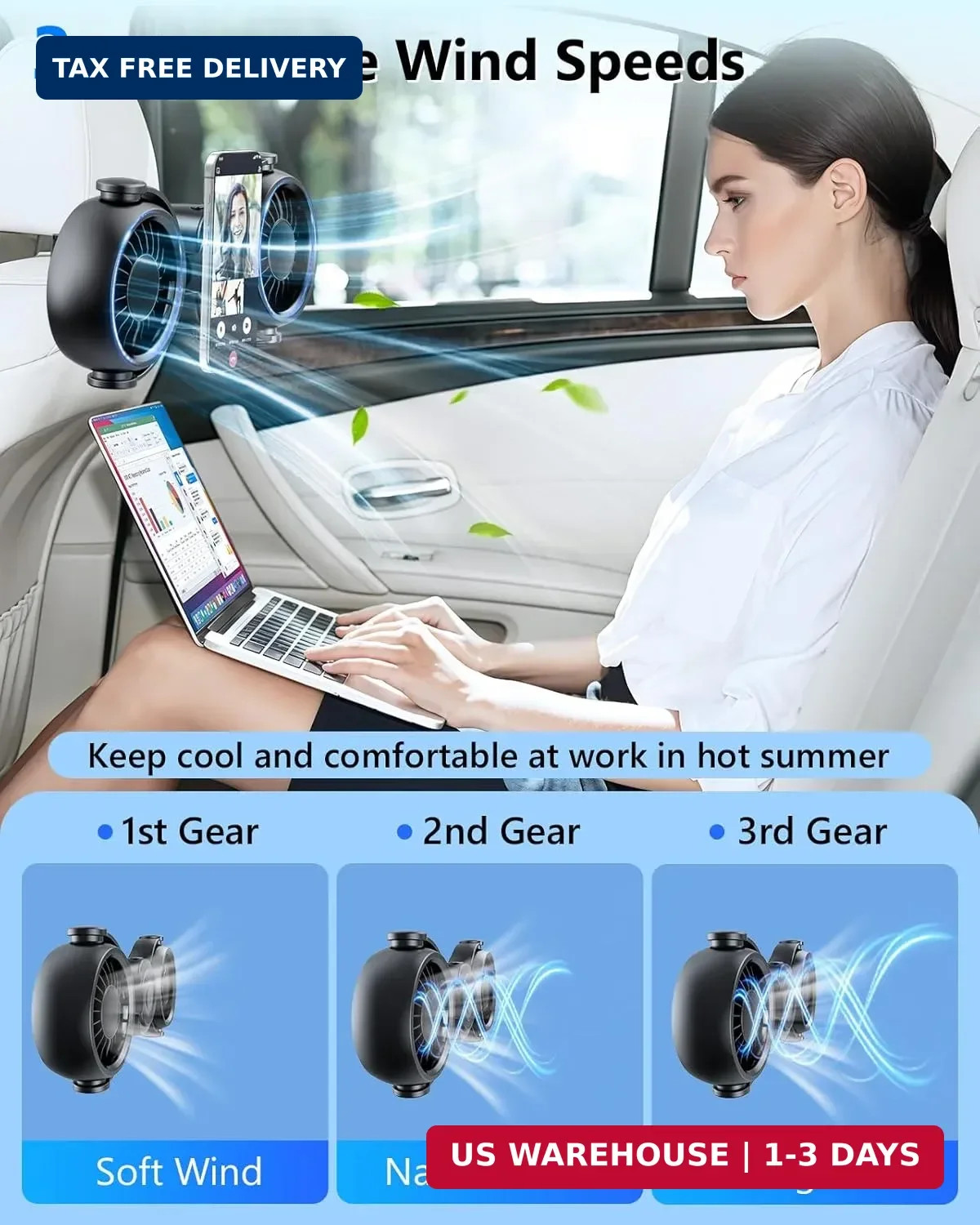 Dual Head Car Cooling Fans for Back Seat for Kids, 4000mAh Battery Powered Recha