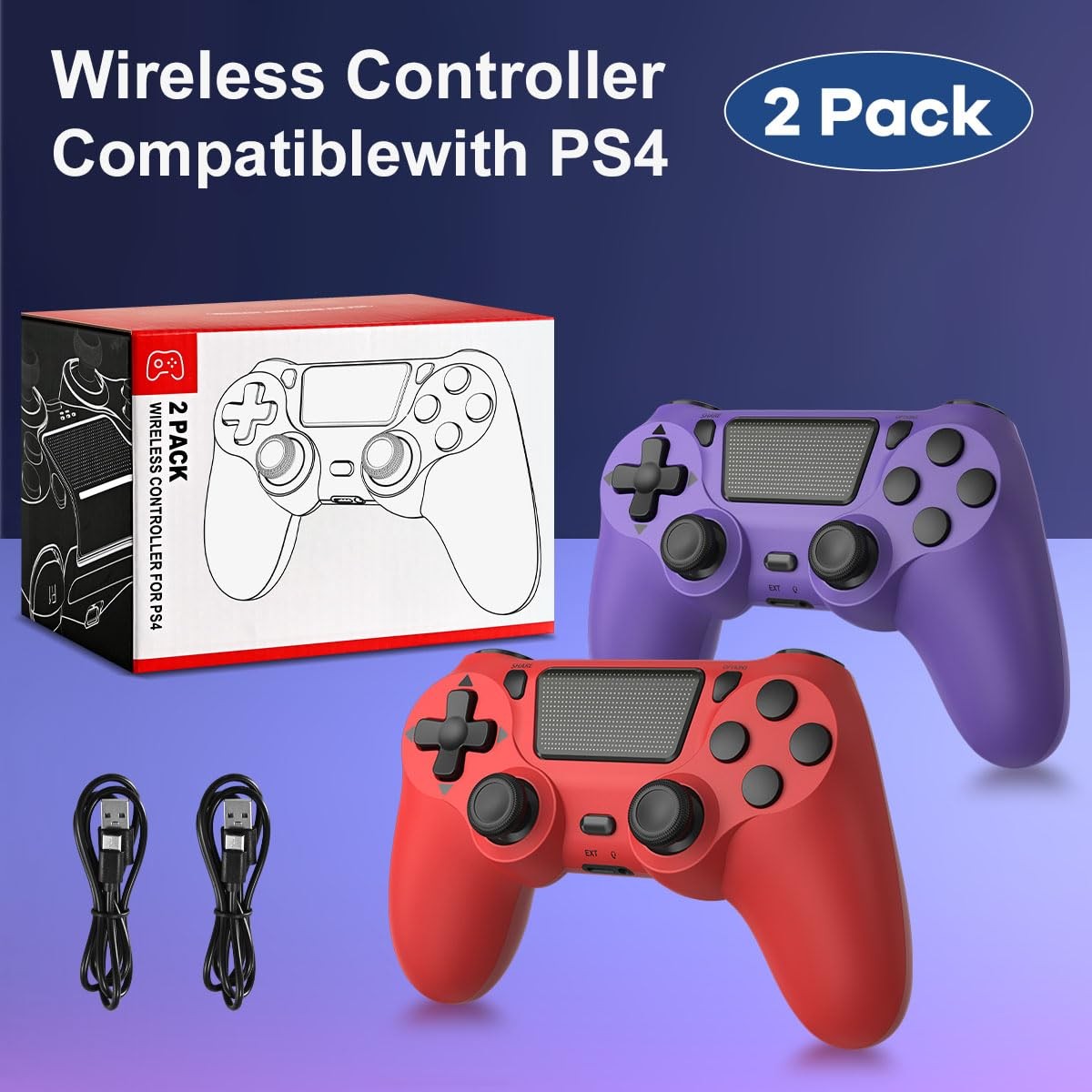 Wuthur 2 Pack Wireless Controller Compatible with PS4/Pro/Slim(Purple & Red)