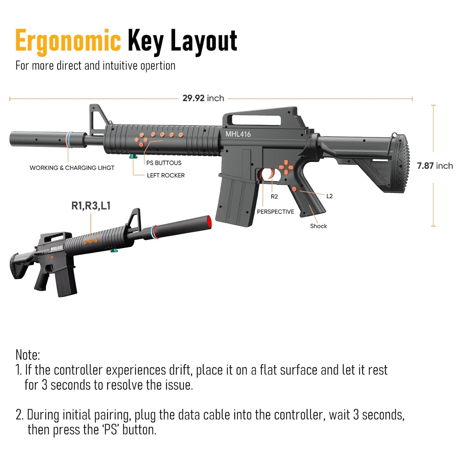 MHL416 – Pro PS4/PS5 Wireless Gun Controller Rifle – Motion Aiming FPS Feedback