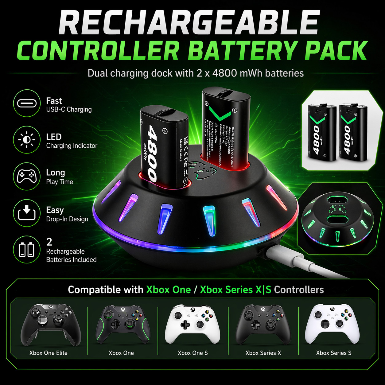 2X4800 Rechargeable Battery Pack for Xbox One/Xbox Series X|S Controller Battery