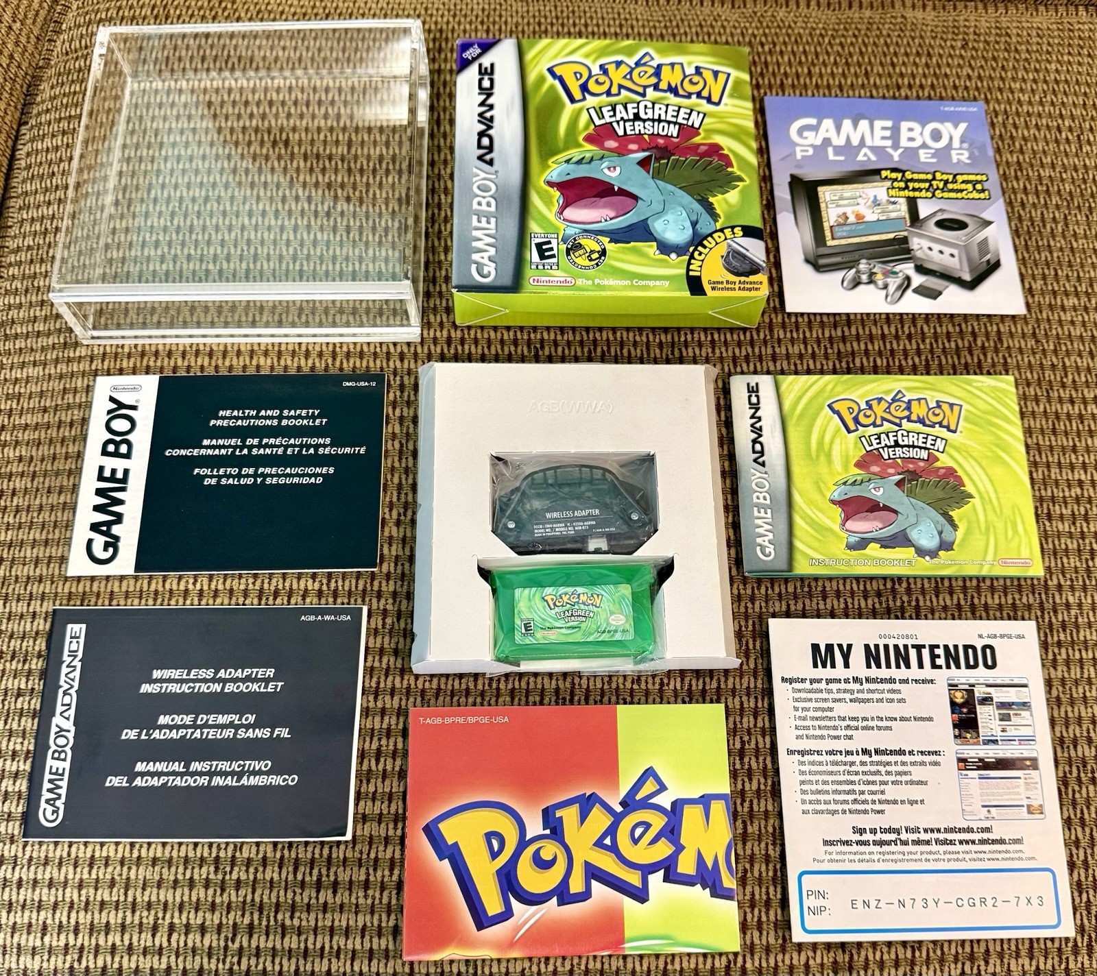 Pokemon Leaf Green CIB Nintendo Gameboy Advance GBA COMPLETE Adapter Box Game