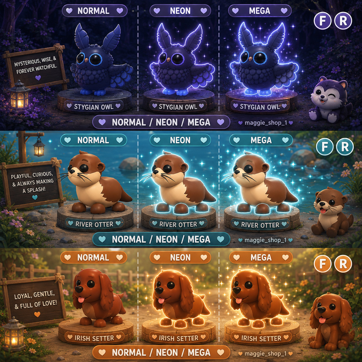 Stygian Owl,River Otter, Irish Setter FR /NFR /MFR Adopt From Me Today✨Top Picks