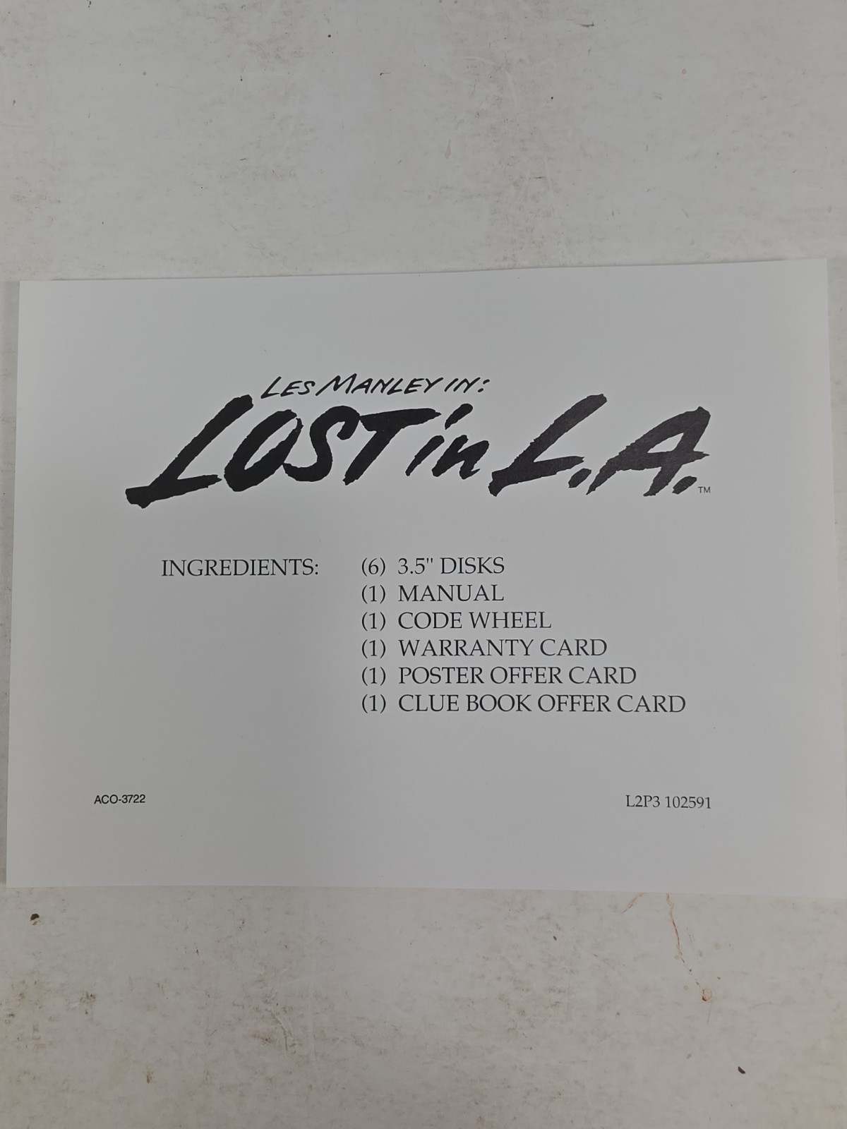 Les Manley In: Lost In L.A. (1991 MS-Dos 3.5″) Accolade – Complete