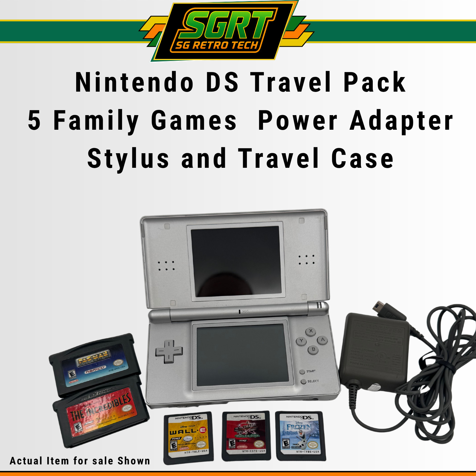 Nintendo DS Original Silver Console Bundle 5 Games Charger Travel Case