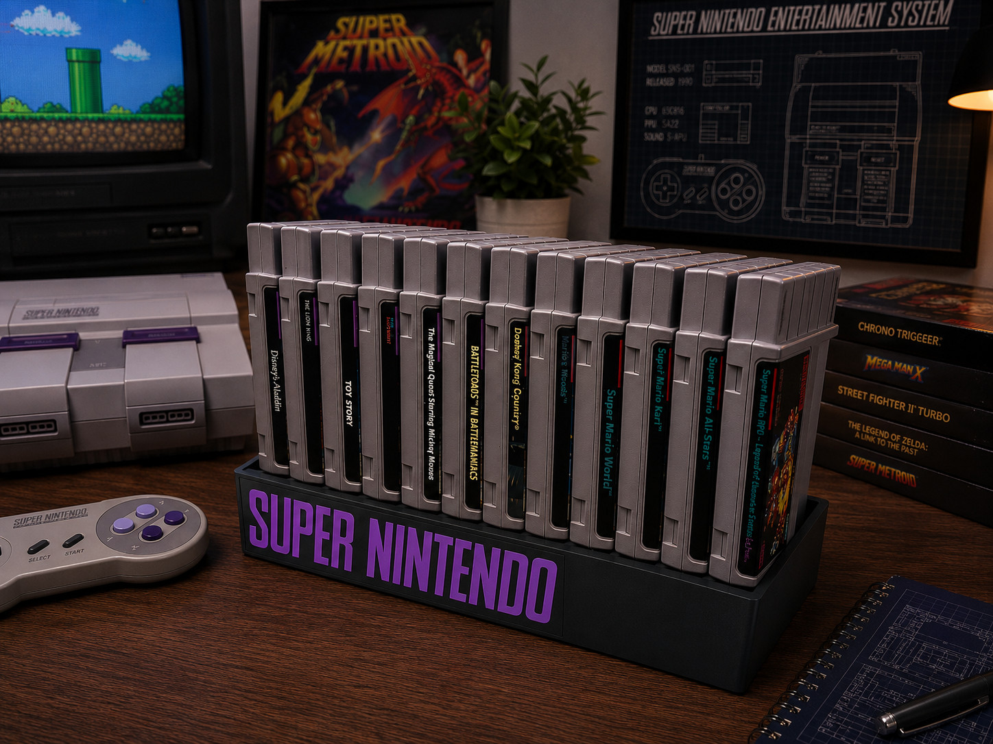 Super Nintendo Game Cartridge Organizer – 12 Game Display Stand