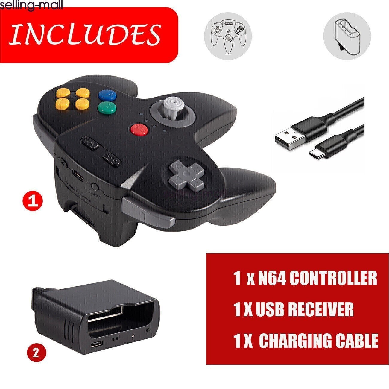 Wireless N64 Controller, 2.4GHz N64 Receiver,Rechargeable & Built-in Rumble