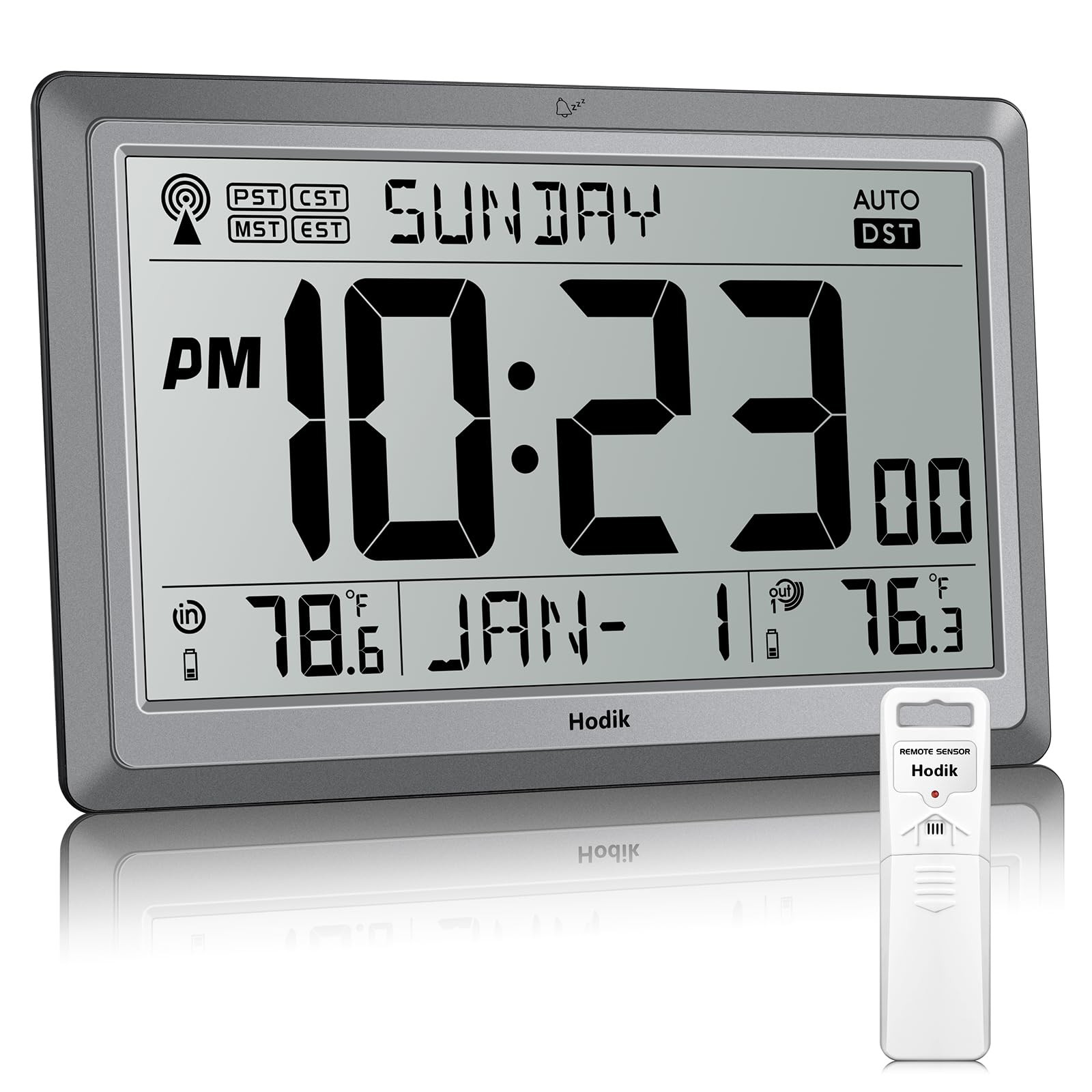 HODIK Wall Clock Atomic with Indoor Outdoor Temperature 9*5.9*1.1 in, Silver