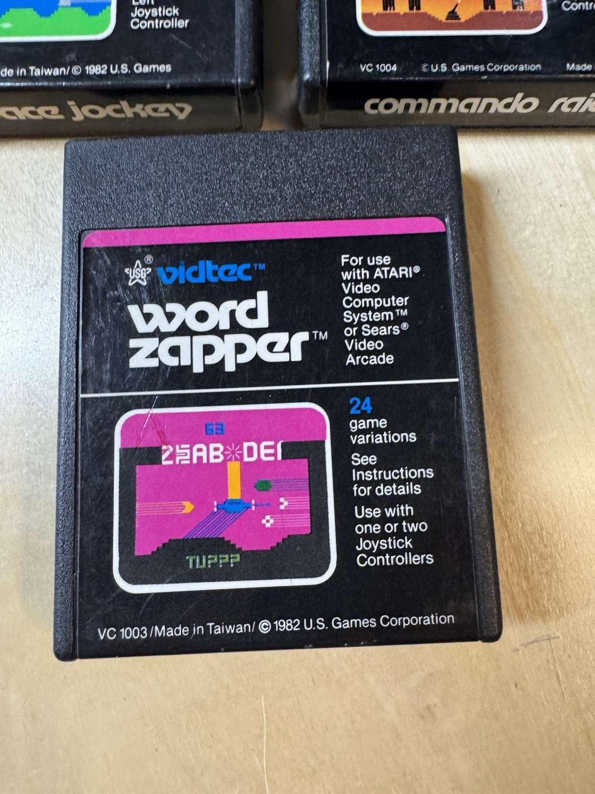 Atari 2600 3 Video Game Lot Space Jockey Towering – Word Zapper – Commando Raid