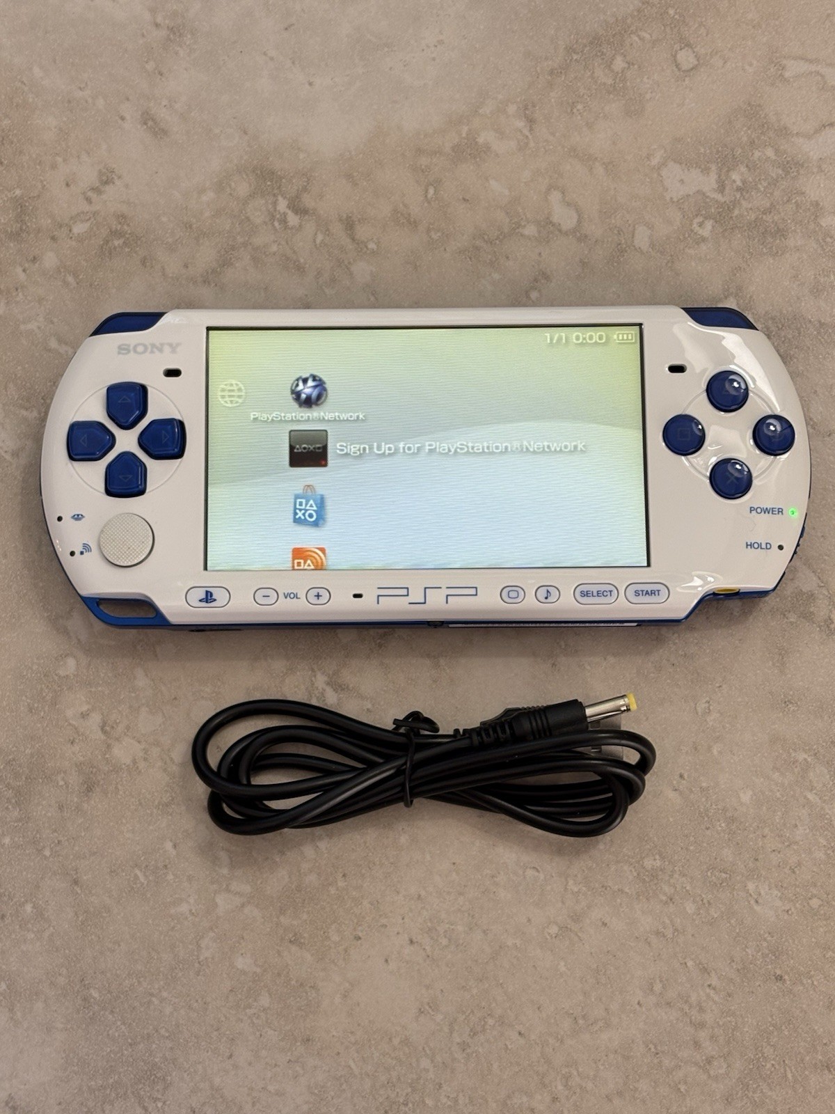 White & Blue Sony PSP 3000 System w Charger, And New Battery Bundle Excellent