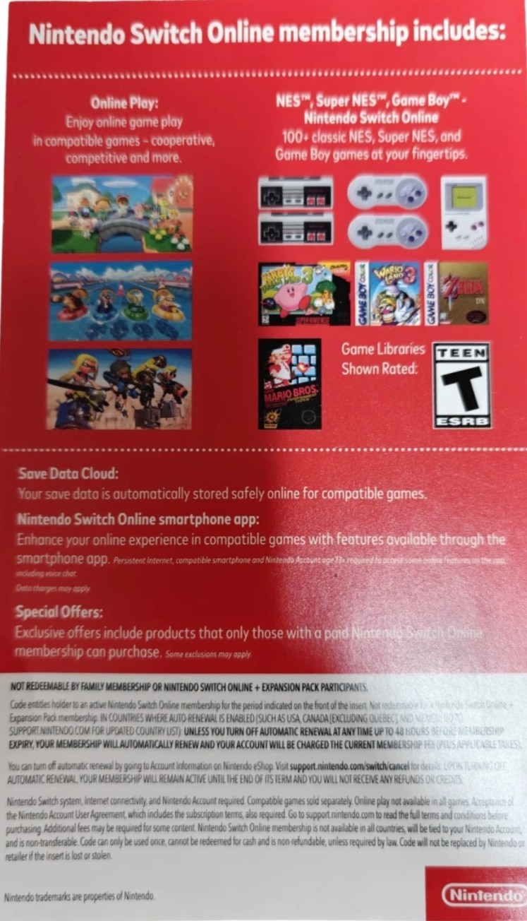 Nintendo Switch Online 12 Month Membership Subscription Pre-Paid Card USA VERSIO