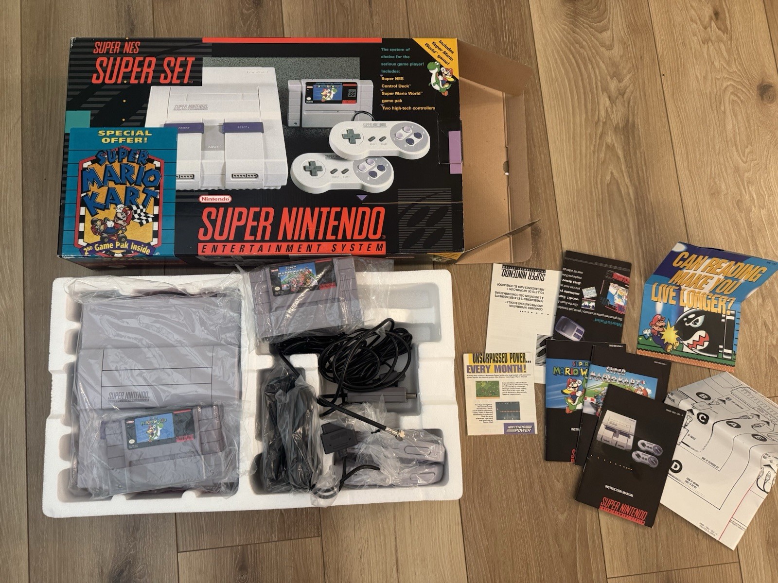 SNES SUPER NINTENDO SUPER MARIO KART CONSOLE SET CIB *Excellent Condition*