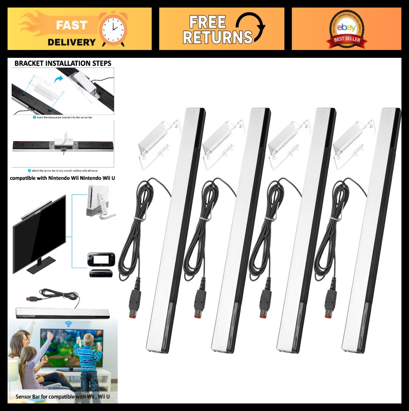 4 Pcs Wired Infrared Motion Sensor Bar for Nintendo Wii U – 6.6 ft Replacement w