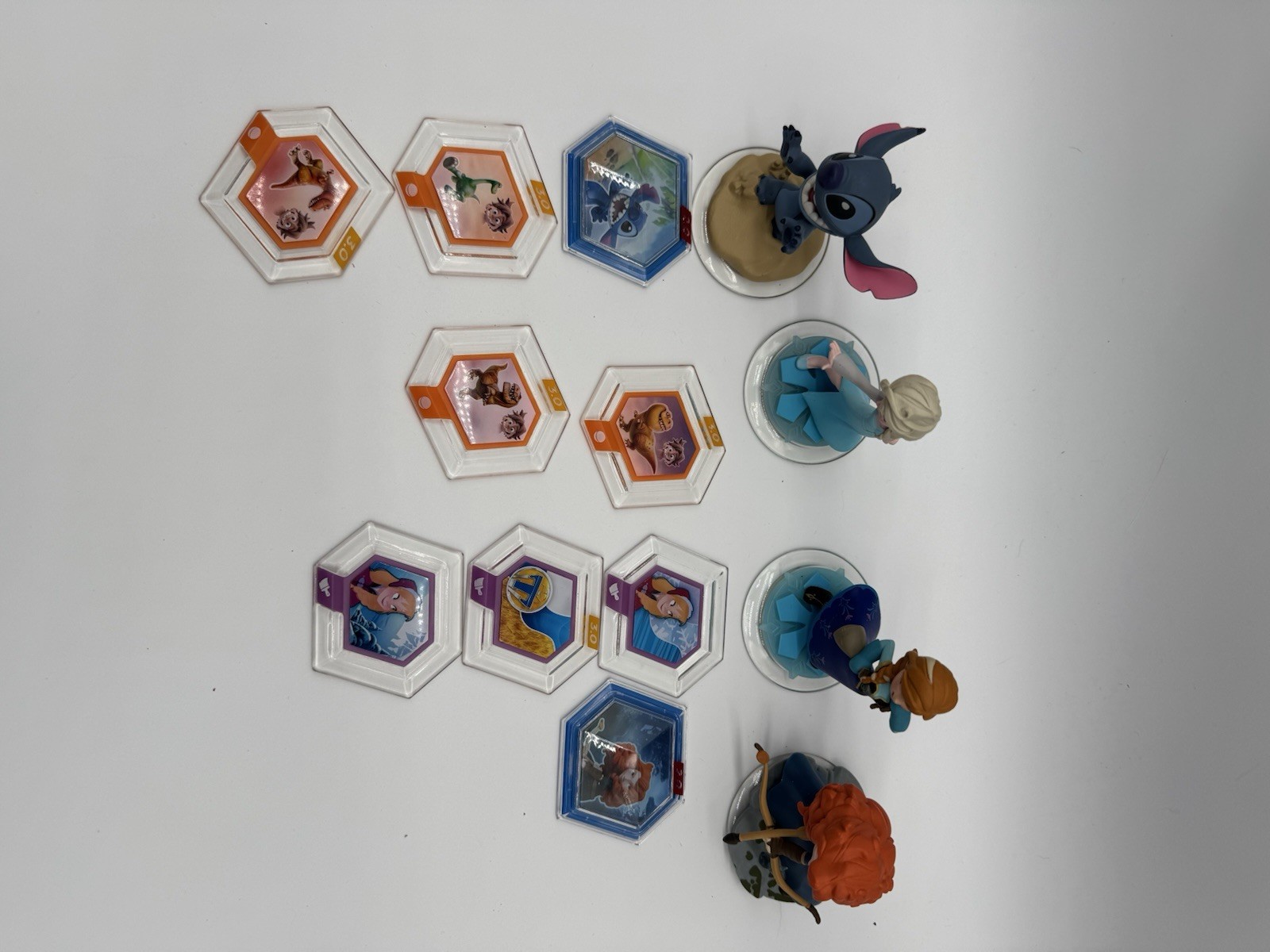 Disney Infinity Figures Lot Elsa Anna Merida Stitch + Power Discs Bundle