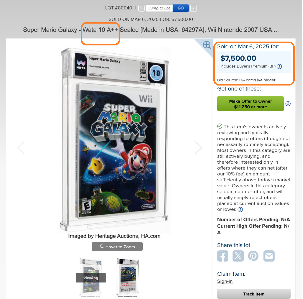 CGC 10 A++ GEM MINTY factory sealed Super Mario Galaxy 1st Print Wii Not vga psa