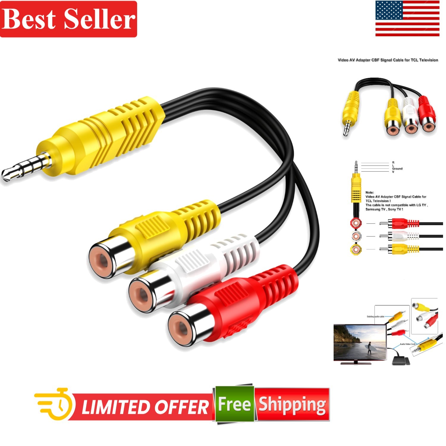 23CM High-Speed RCA to AV Adapter Cable for Seamless TCL TV Connection