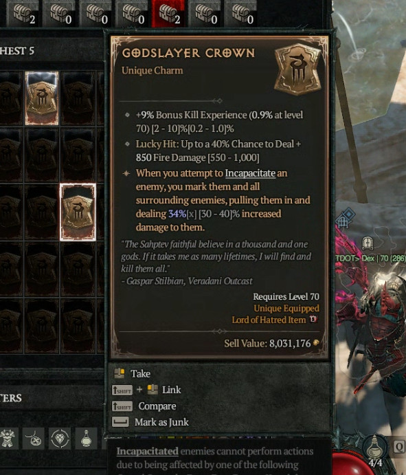 Diablo 4 🔥 Lord Of Hatred S13. Unique Godslayer Charm – Softcore Seasonal