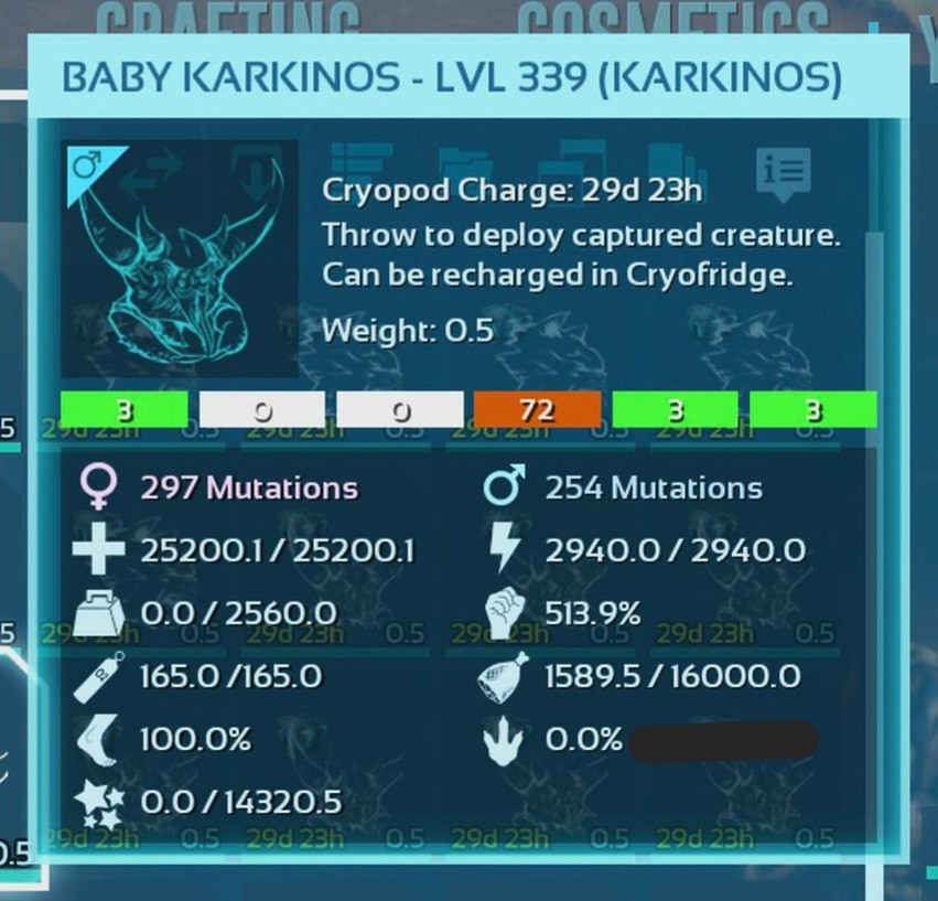 ARK ASCENDED PVE OFFICIAL PAIR BABY KARKINOS GREEN 25K HP 2.5K WEIGHT 513 MELEE