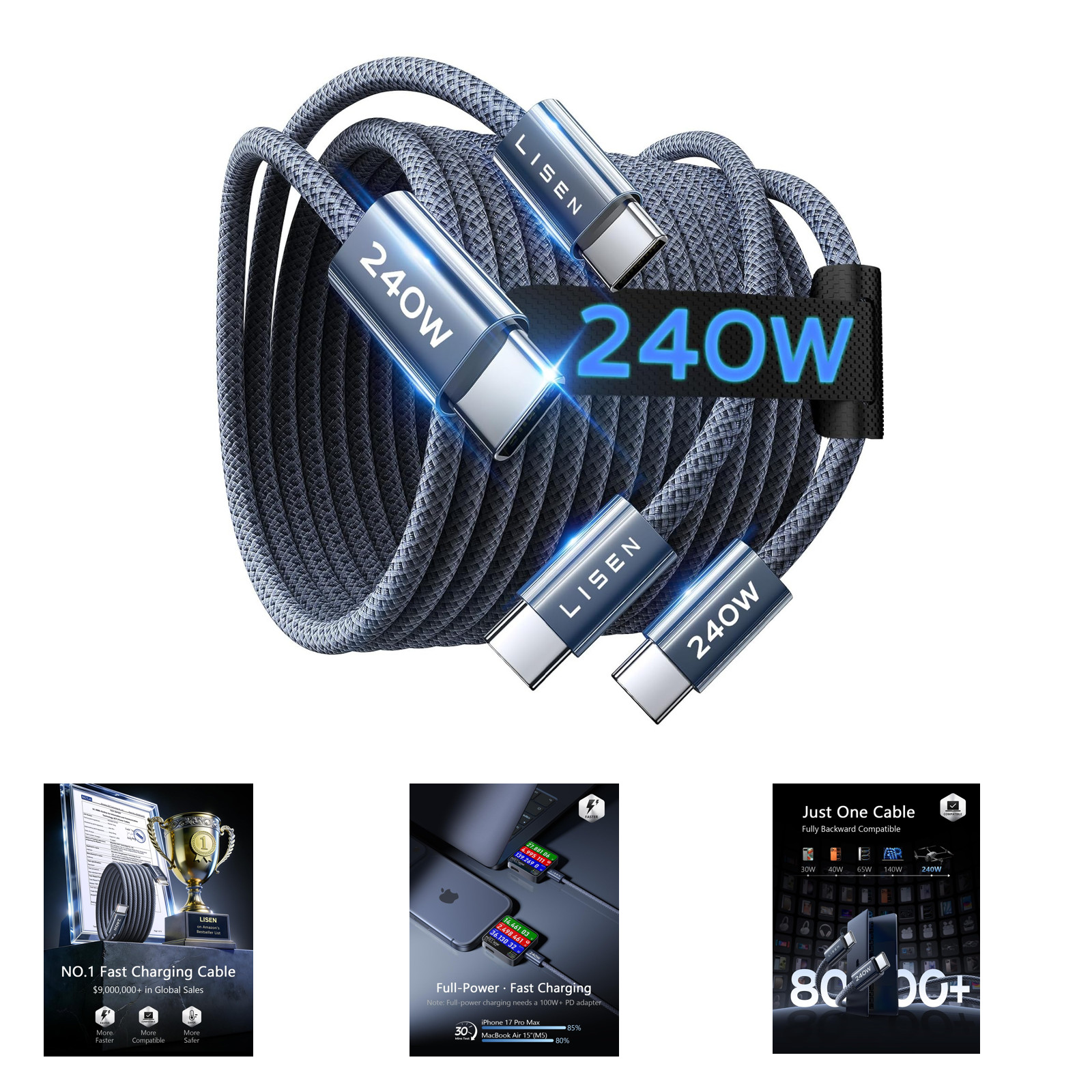 USB C to USB C Cable 240W Fast Charging 6.6FT Braided Black for MacBook iPad Pro