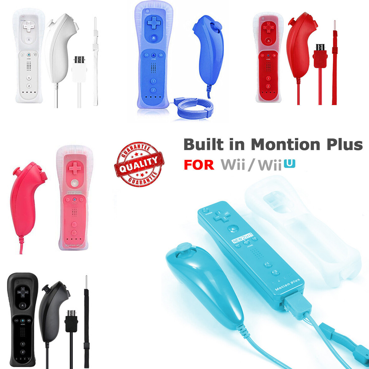 2 in 1 Motion Plus Remote & Nunchuck Controllers for Wii & Wii U Wiimote + Strap