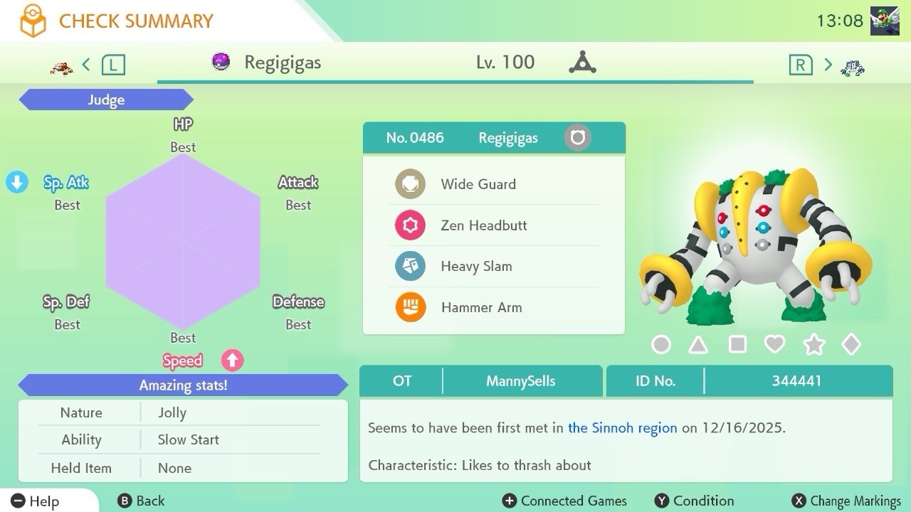BDSP Caught Legendaries Shiny/Non Shiny, 6IV, Level 100, EVs 6HP 252ATK 252SPE