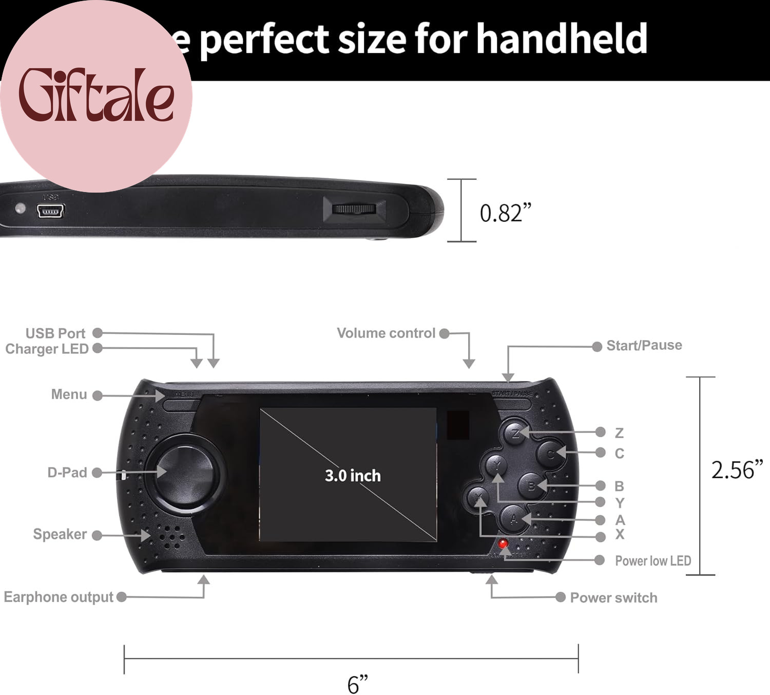 16 Bit Handheld Game for Kids Built-In 230 HD Classic Retro Video Games USB Rech