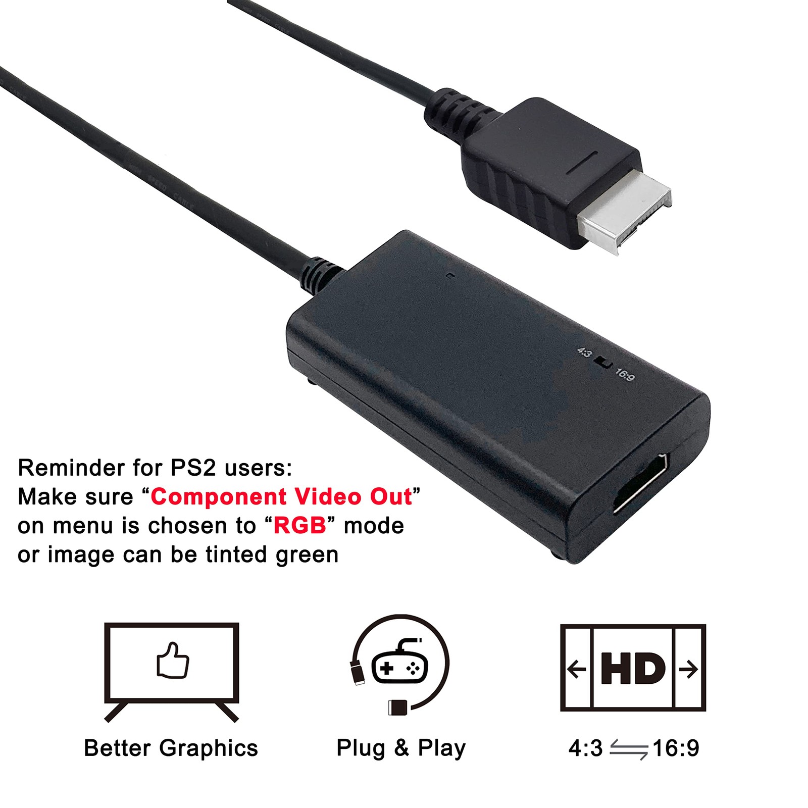 HDMI Cable for PS2 & PS1 Consoles – True RGB Output, HD Converter with Switch