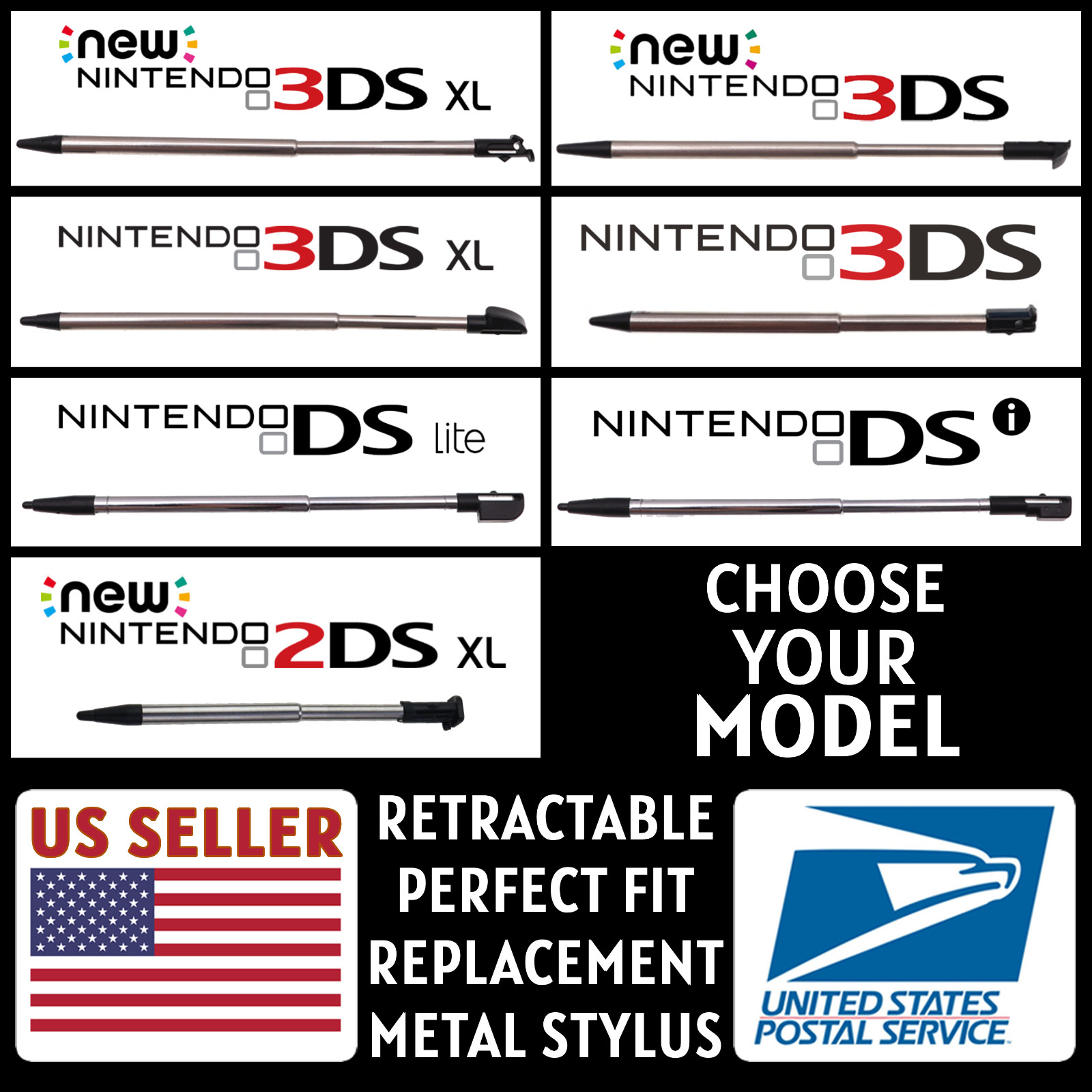 1x Retractable Stylus For Nintendo NEW/3DS/2DS/DSi/XL/DS Lite/LL Metal Pen