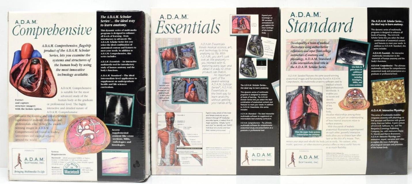 Lot 3 A.D.A.M. Medical Anatomy Software Pro Scholar Series Mac 1994 Cd-ROM New