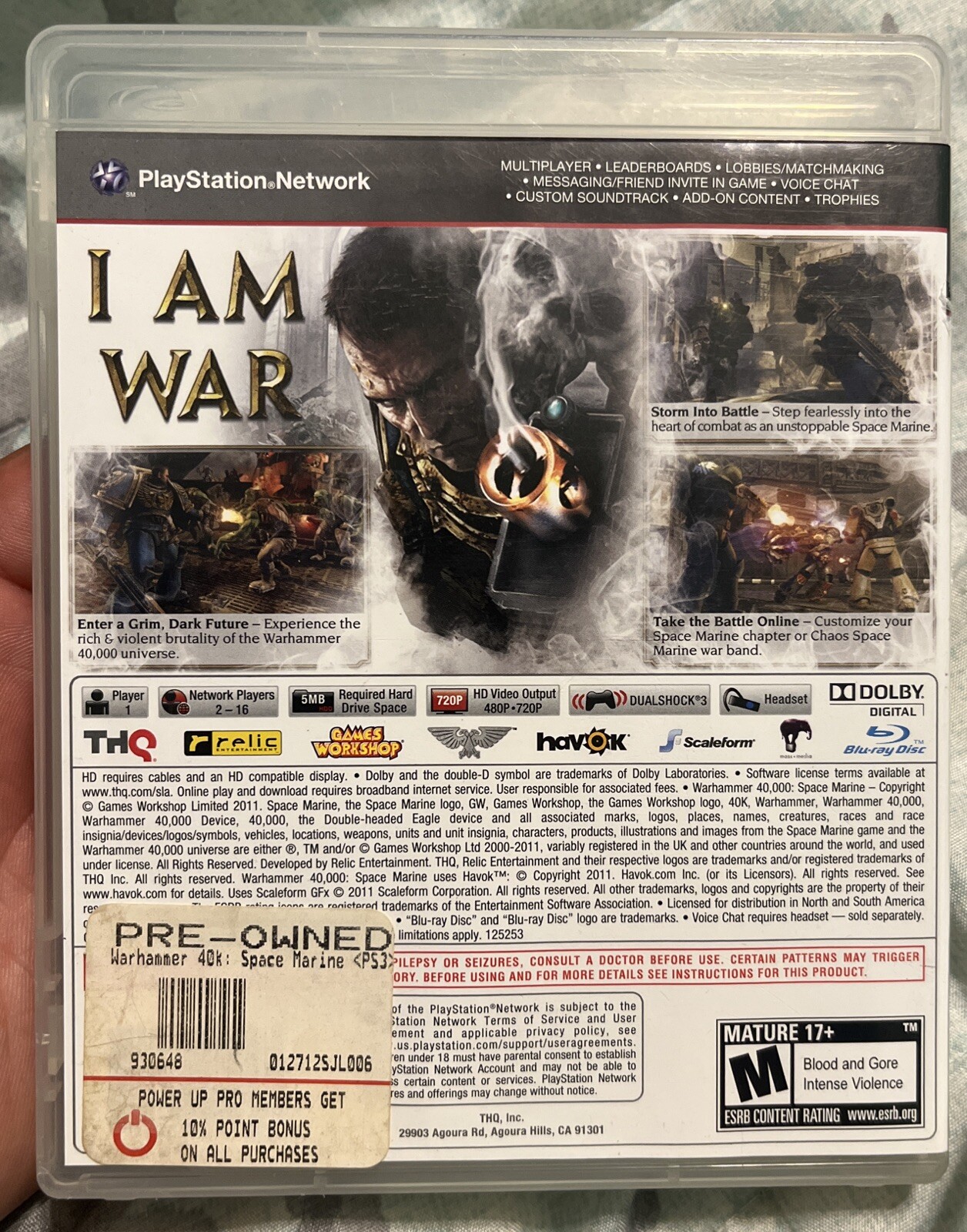 Warhammer 40,000: Space Marine (Sony PlayStation 3, 2011) No Manual EUC Tested