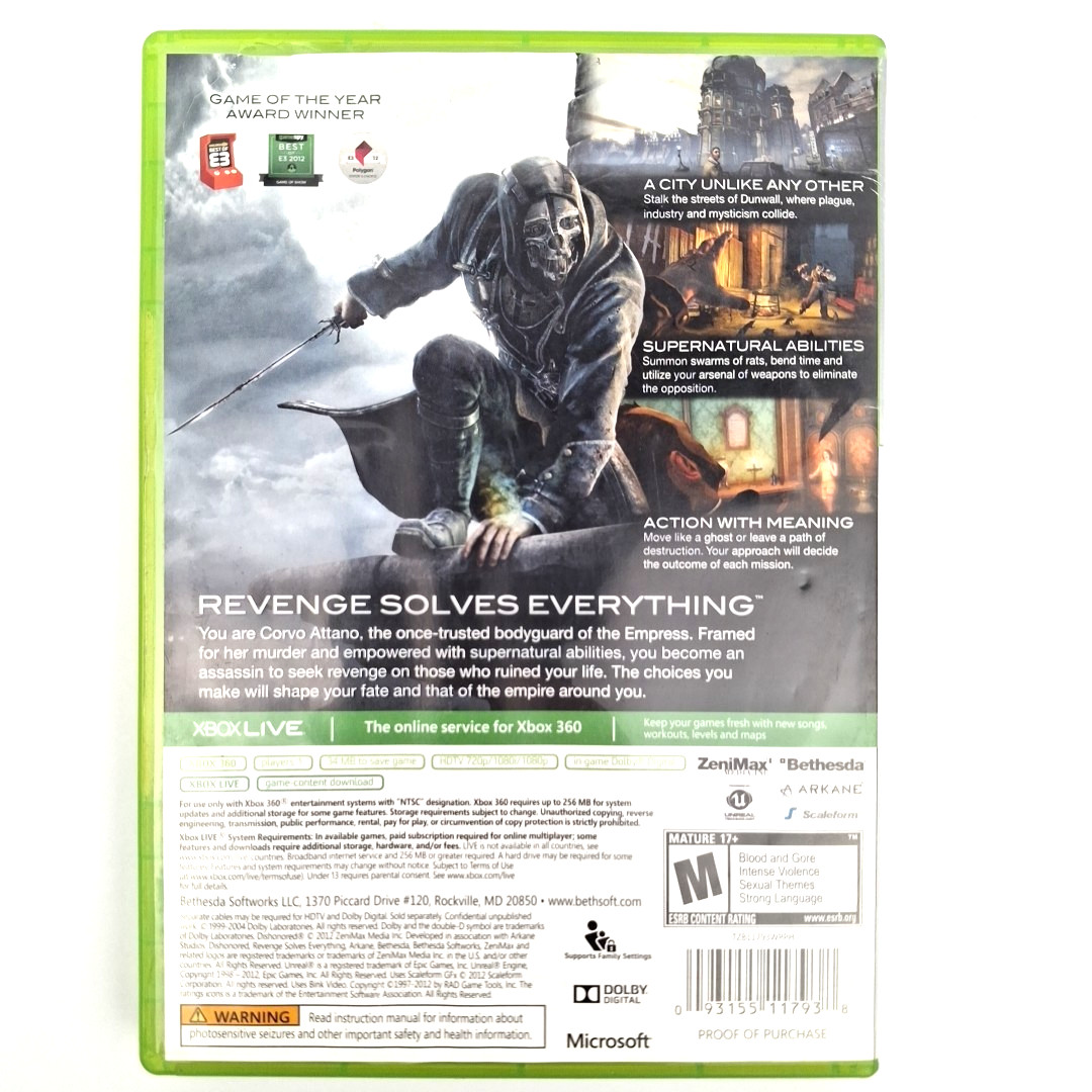 Dishonored (Microsoft Xbox 360, 2012) CIB Complete w/ Manual Tested Works