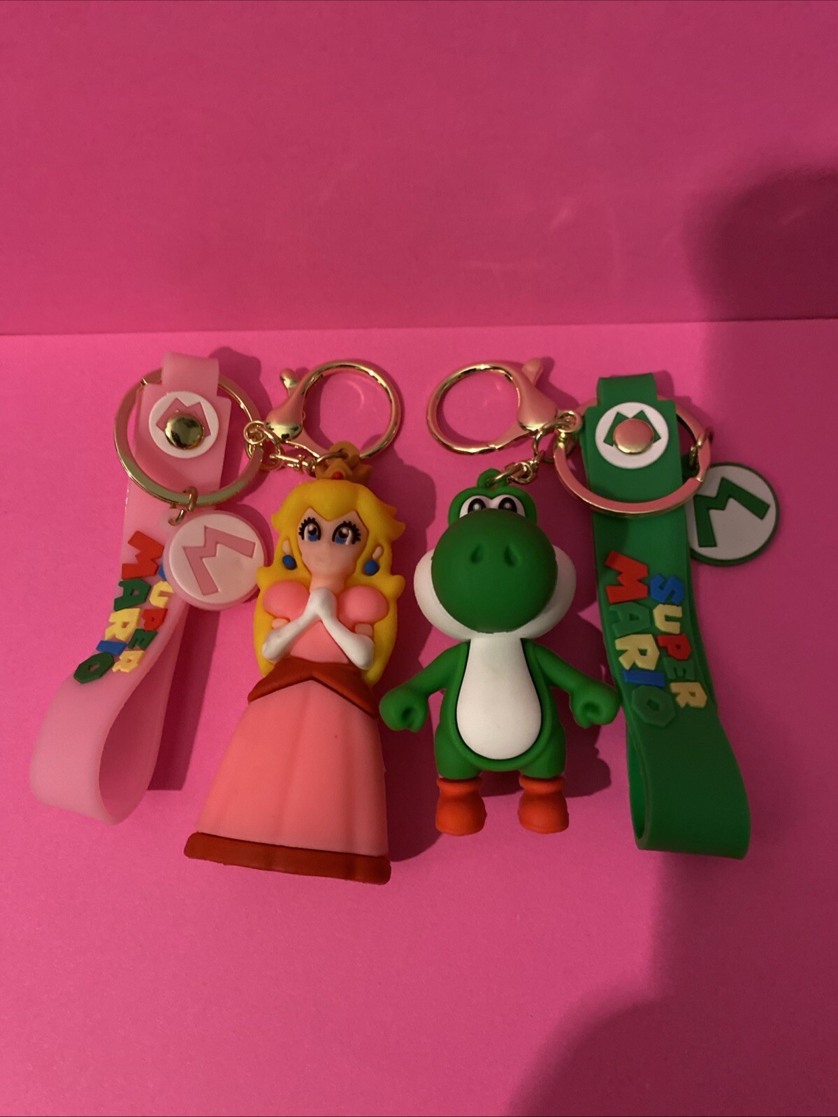 Super Mario Princess Peach And Yoshi keychains. Backpack clip. Pendant