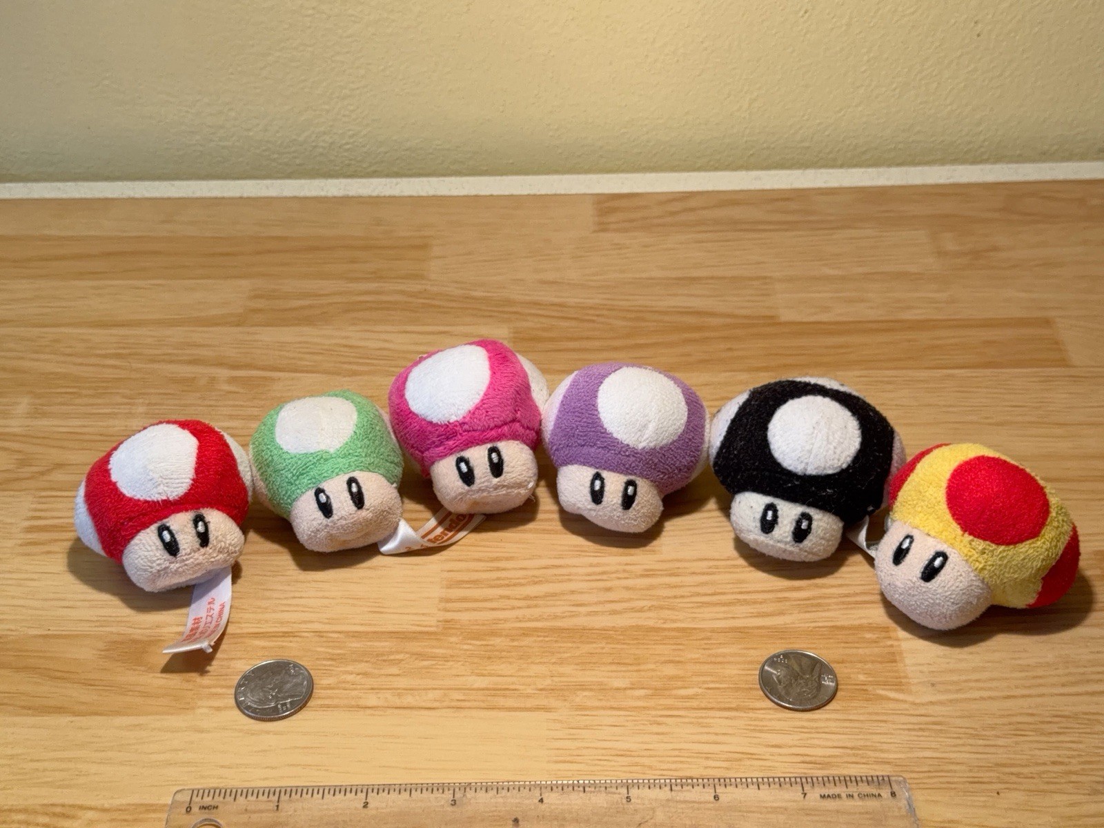 Lot of 2” Nintendo Mushroom Plushies Red Green Pink Purple Black Yellow Set of 6