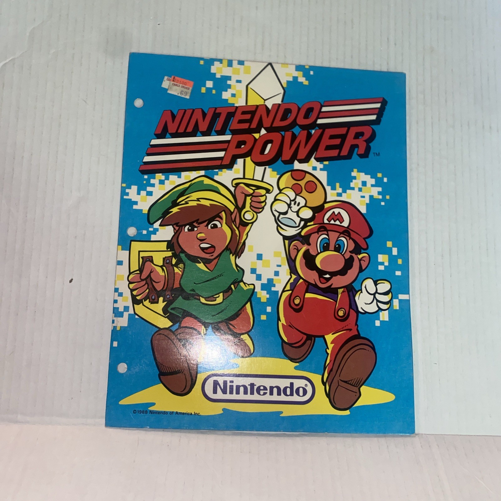 Vintage Nintendo Power 3 Hole School Folder Zelda Link & Super Mario 1988