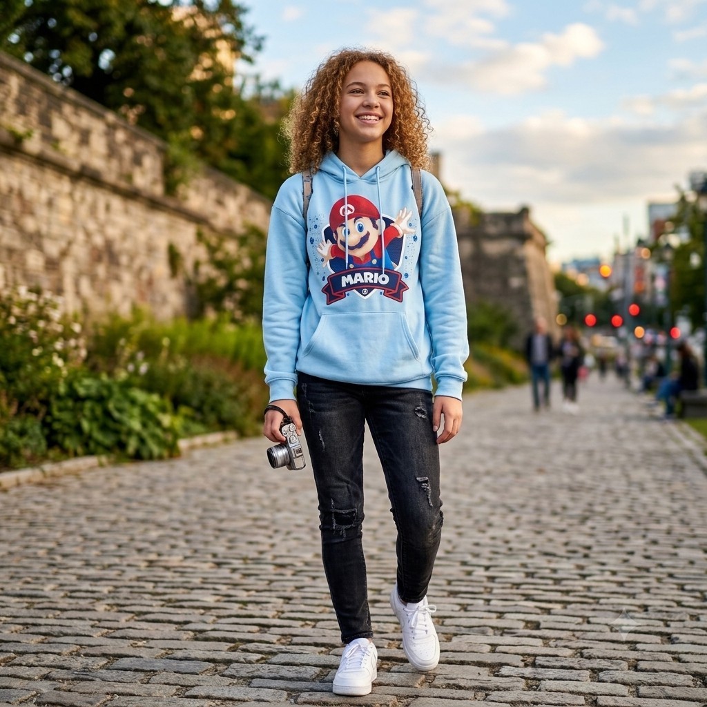 Super Mario Mario Light Blue Hooded Pullover Hoodie Sweatshirt M “Here We Go”