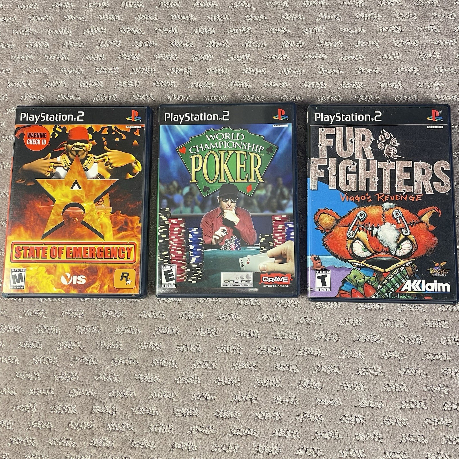 PS2 3 Games CIB Black Label w/ Reg Cards: Fur Fighters, State Emergency, Poker