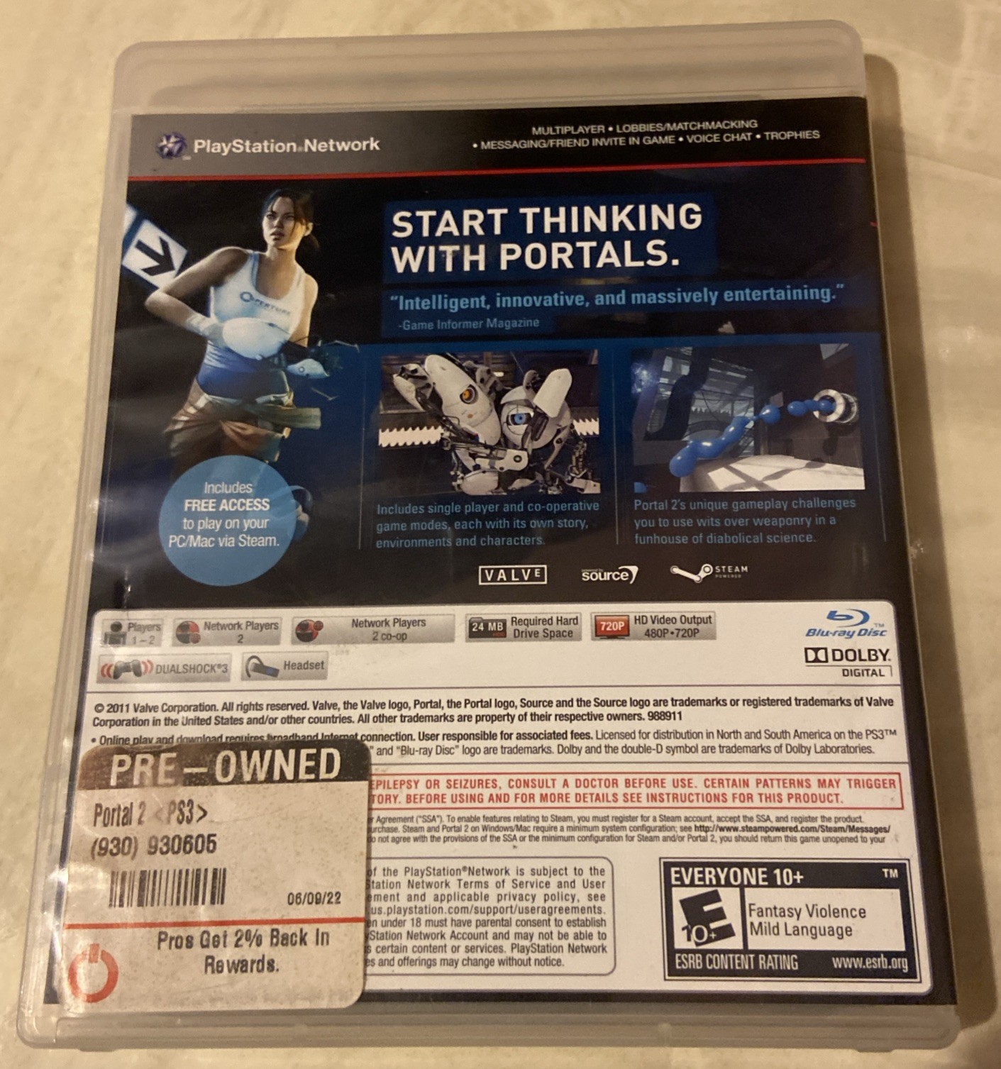 PORTAL 2 (Sony PlayStation 3 PS3, 2011) CIB Complete W/ Manual