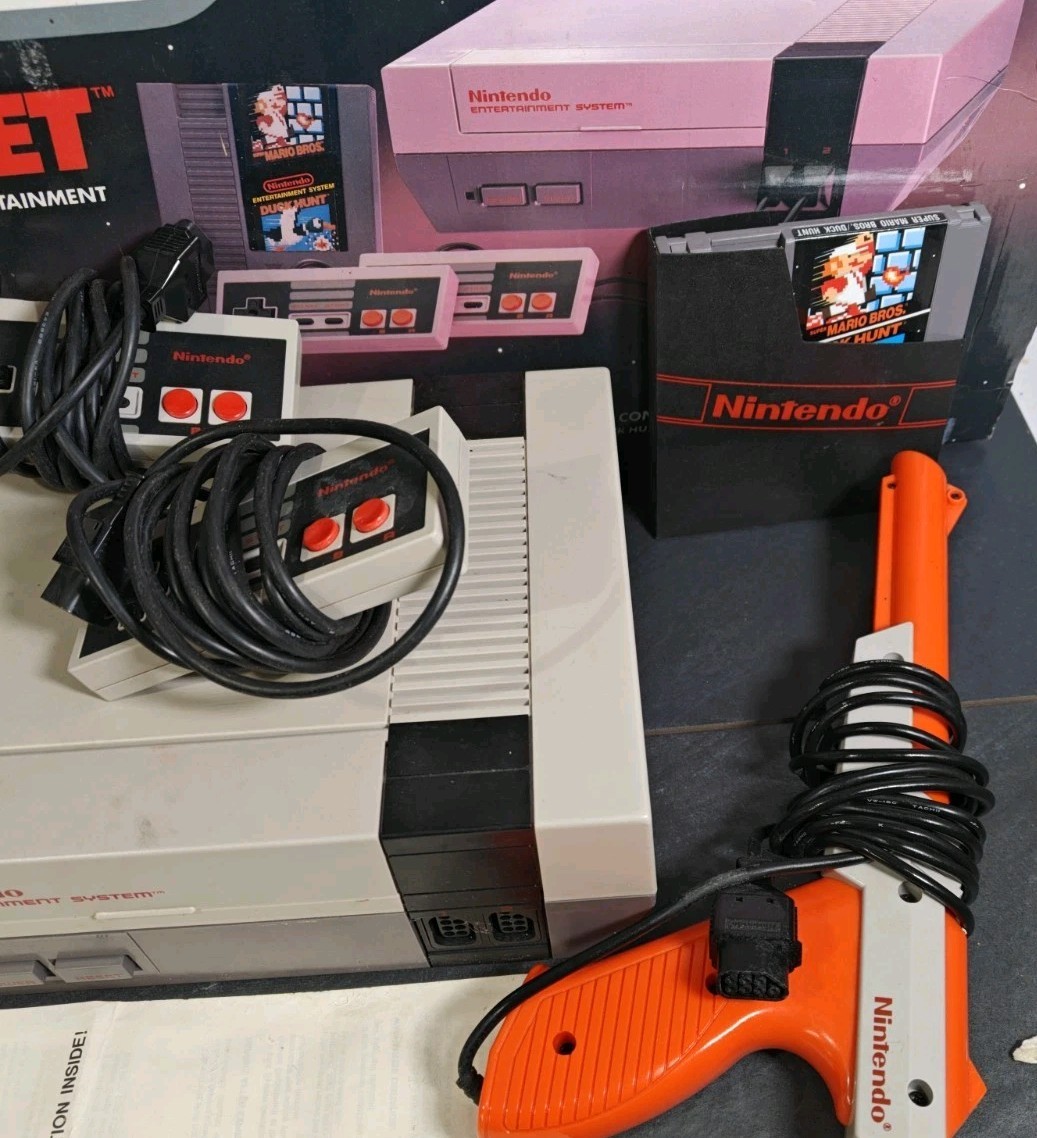 Nintendo NES Console with Original Box, Zapper, Controllers, Instructions, Cords
