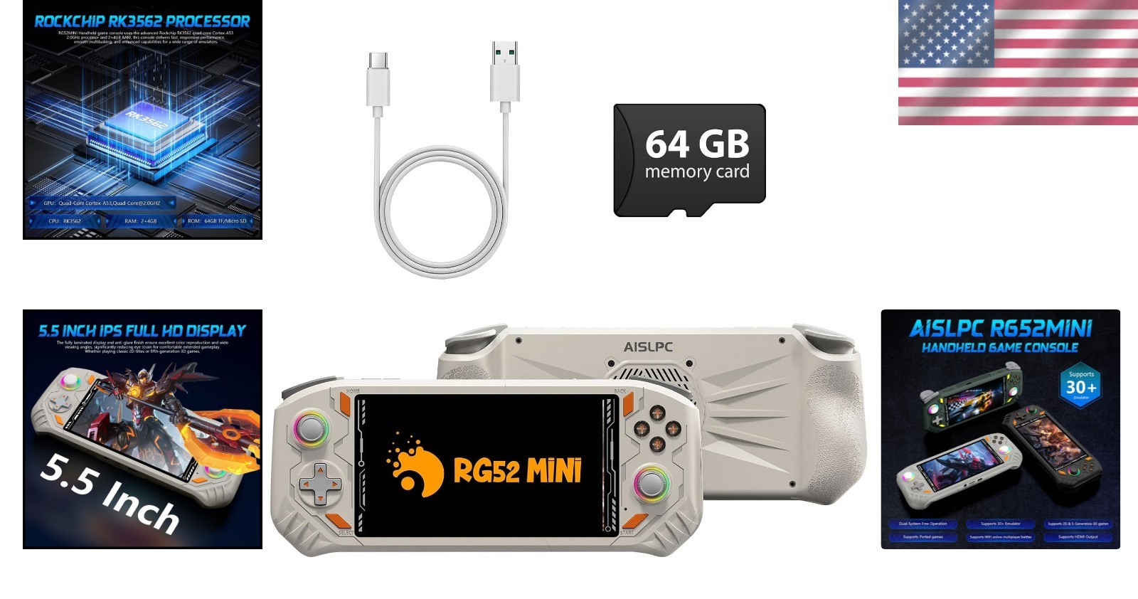 RG52MINI Retro Handheld Gaming Device – 5.5″ IPS Screen, 5000mAh Battery, 64GB