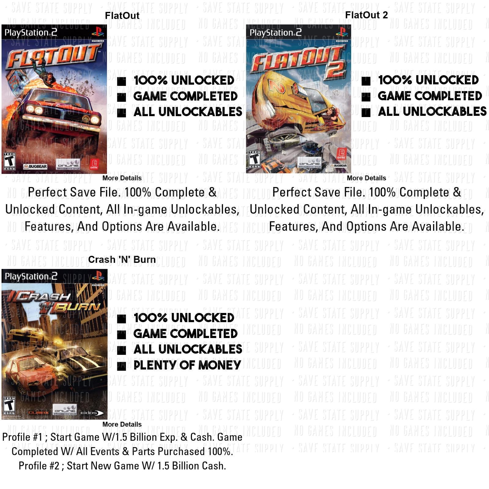 Flatout Flatout 2 Flat out Crash ‘N’ Burn PS2 PS3 Memory Card USB All Cars Items