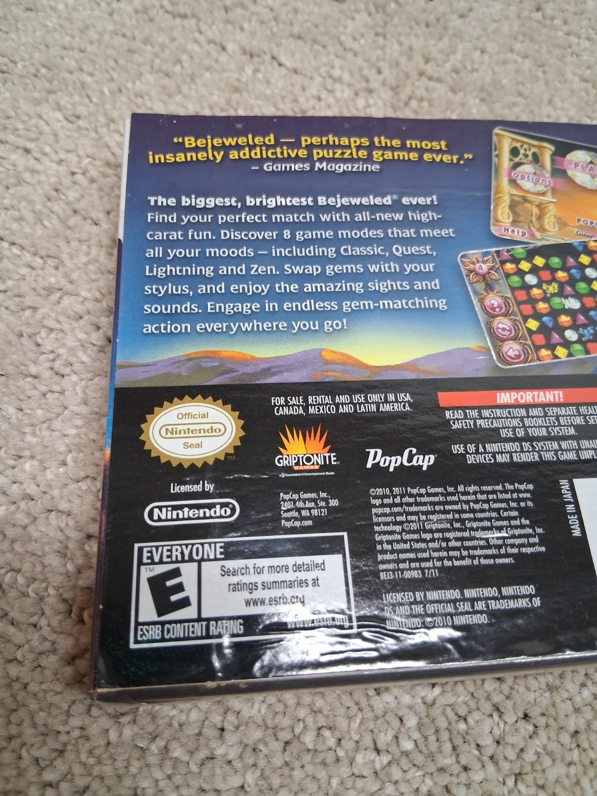 Bejeweled 3 Nintendo DS 2011 Brand New Sealed W/ Cover