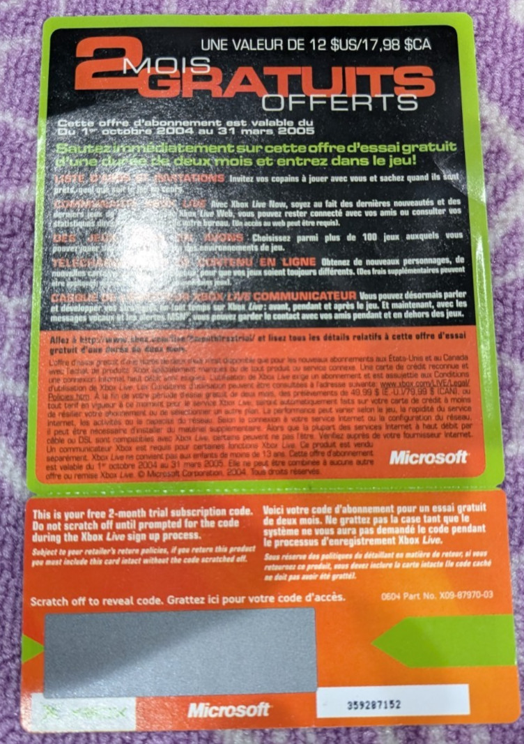 Brand New Microsoft Xbox Live 2 Month Free Trial Code Scratch Card! Expired!