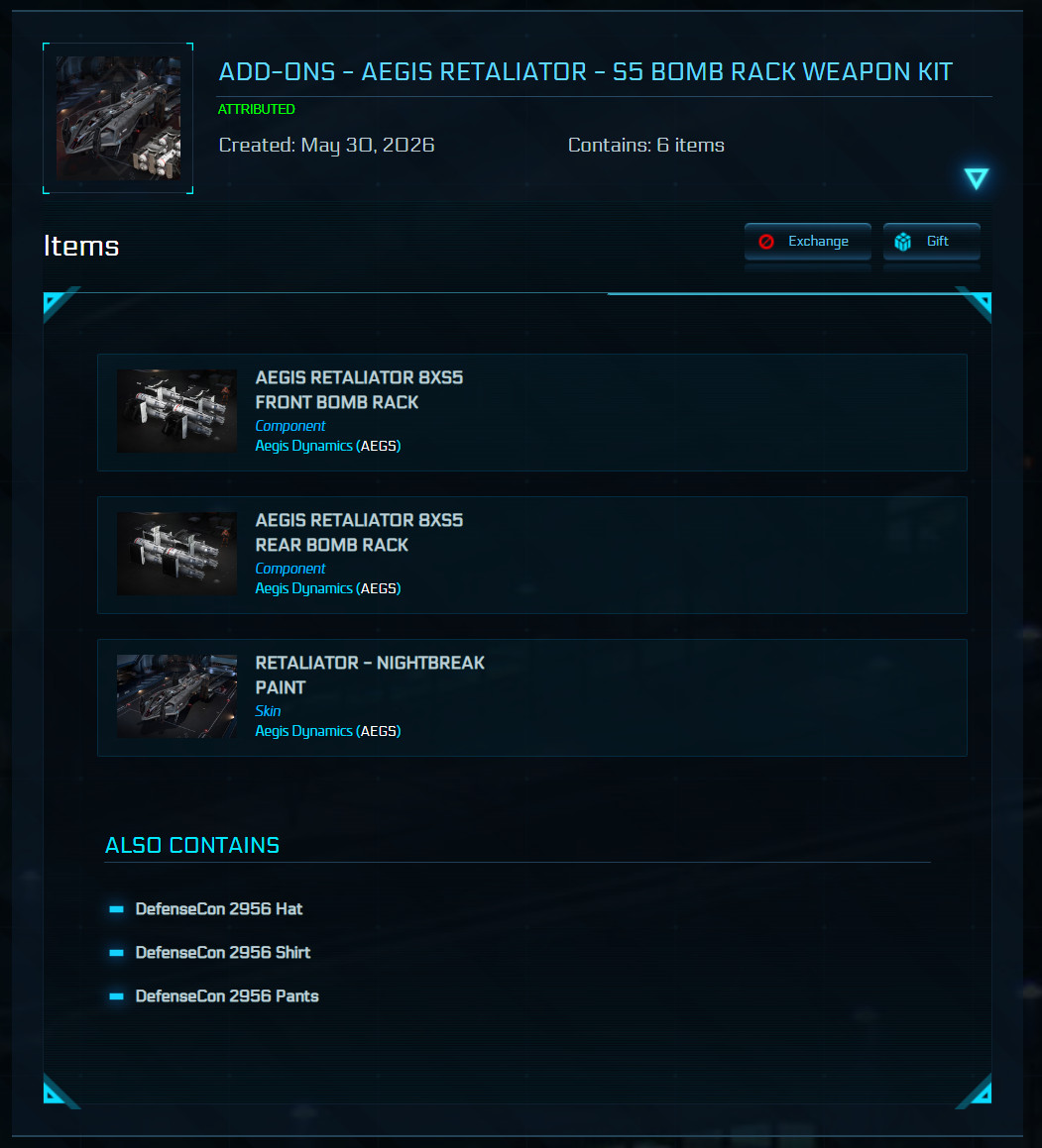 STAR CITIZEN – ADD-ONS – AEGIS RETALIATOR – S5 BOMB RACK WEAPON KIT