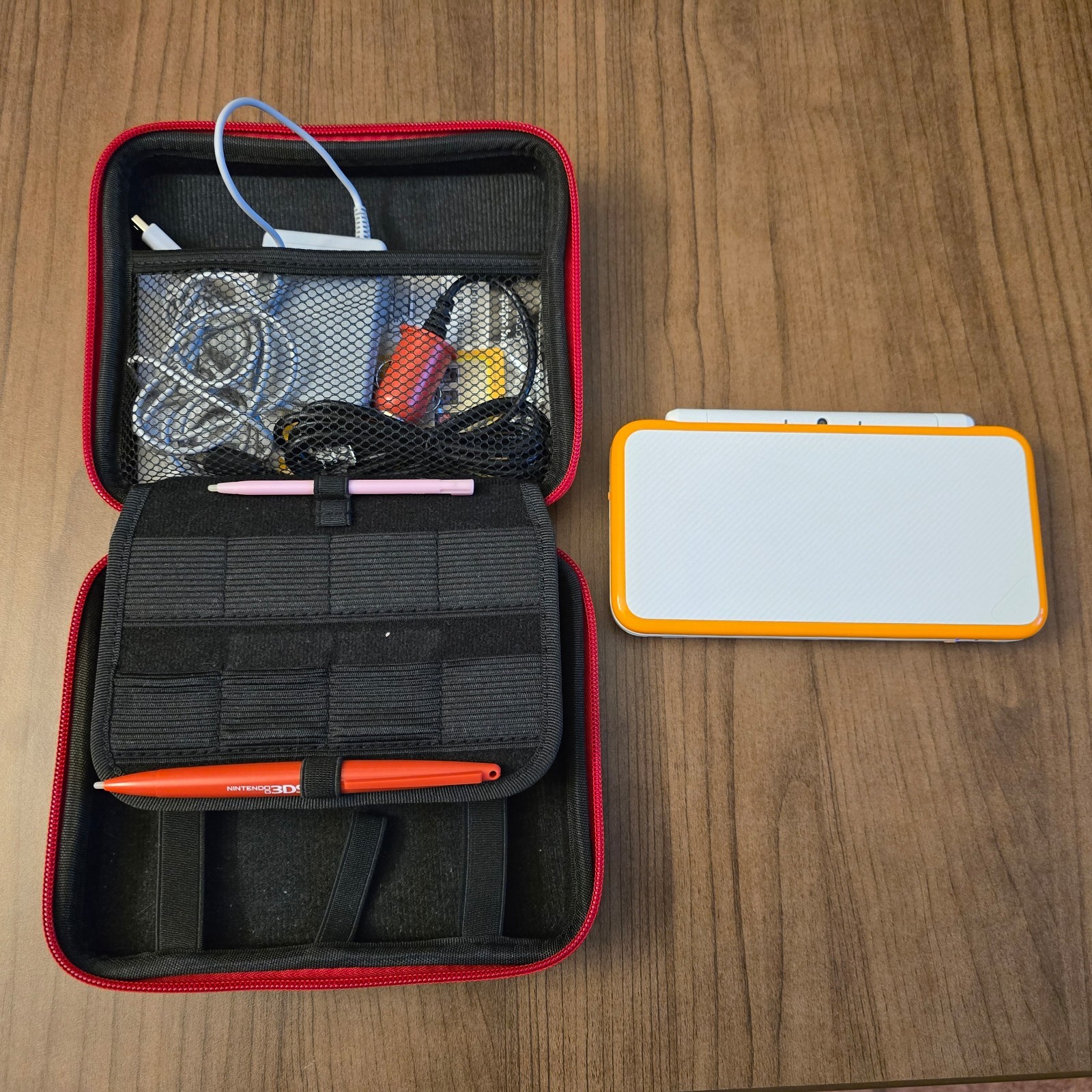 Nintendo 2DS XL Console – White/Orange with Original Box, Case and R4 card