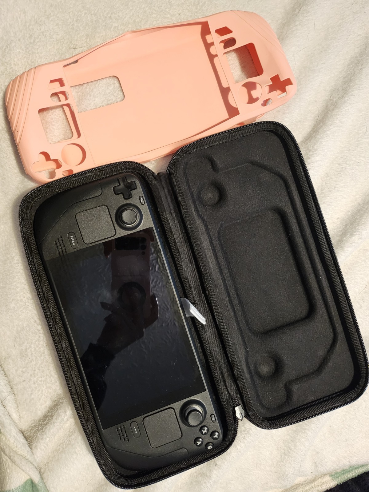 Valve Steam Deck Handheld System Black w/ Case and Charger Pink Skin. 64gb, LCD