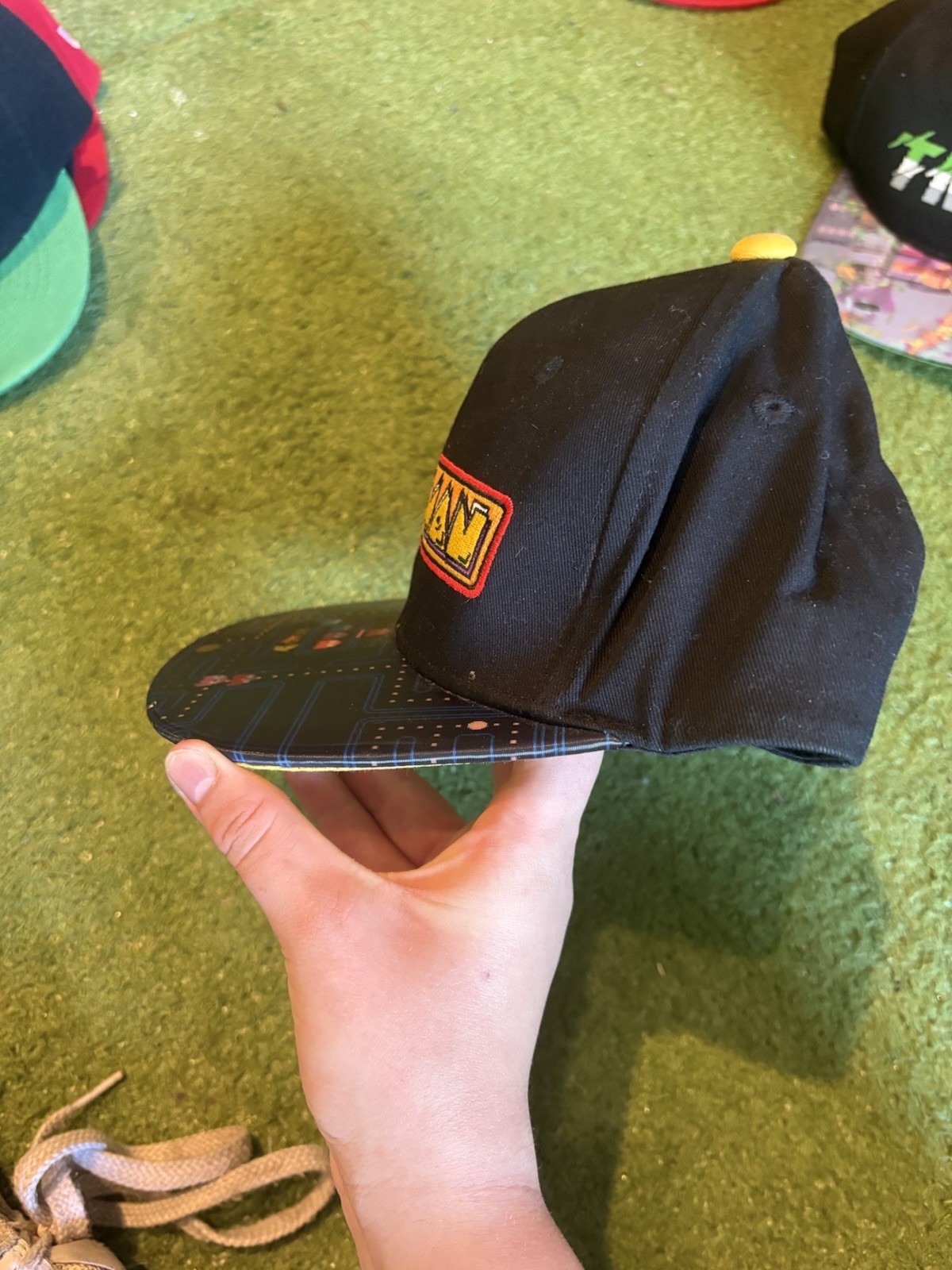 Pac-Man Adjustable Snapback Hat Black & Yellow Arcade Maze Print Brim